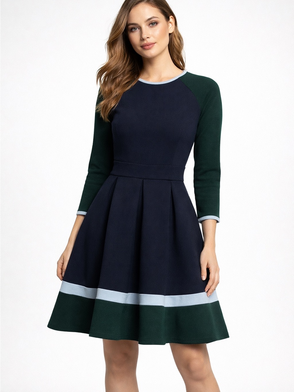 1901 Navy, Forest Green & Light Blue Fit-and-Flare Long Sleeve Dress